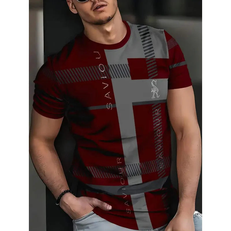 Men's short-sleeved striped t-shirt with digital 3D printing in loose business casual fit