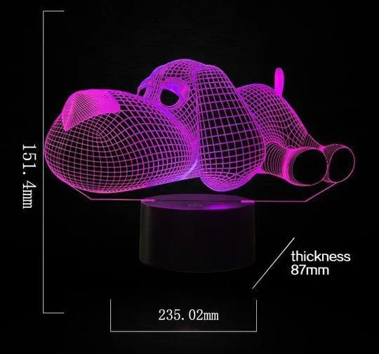 Dog-shaped desktop lamp glowing in blue with touch button and USB power cable