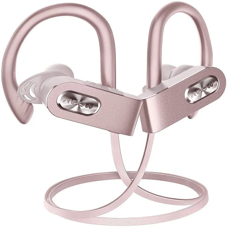 Red hanging ear Bluetooth wireless headset shown from the side, with a black variant also visible.
