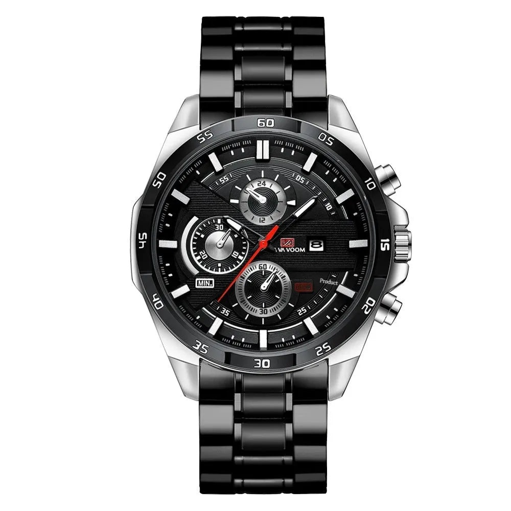 Men's waterproof quartz watch with calendar function in black and rose gold combination