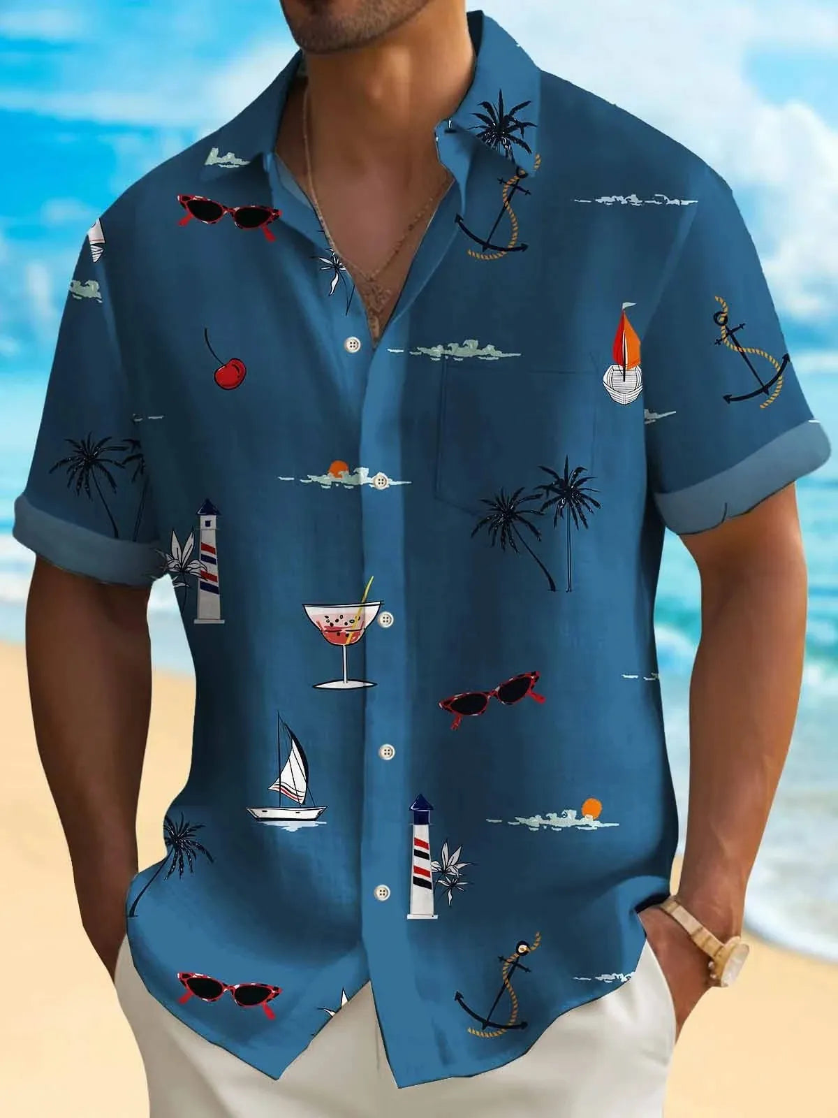 Man wearing a loose-fit digital print Hawaiian shirt with short sleeves, showcasing one of the multi-coloured pattern options.