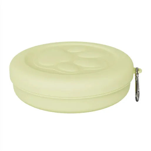 Portable collapsible dog bowl with dual compartments in light green colour