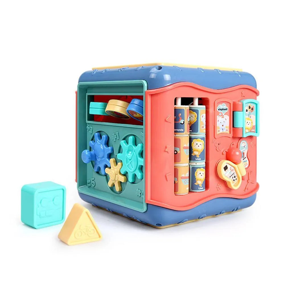 Colourful baby educational toy cube with six different activity sides including bead maze and gears.