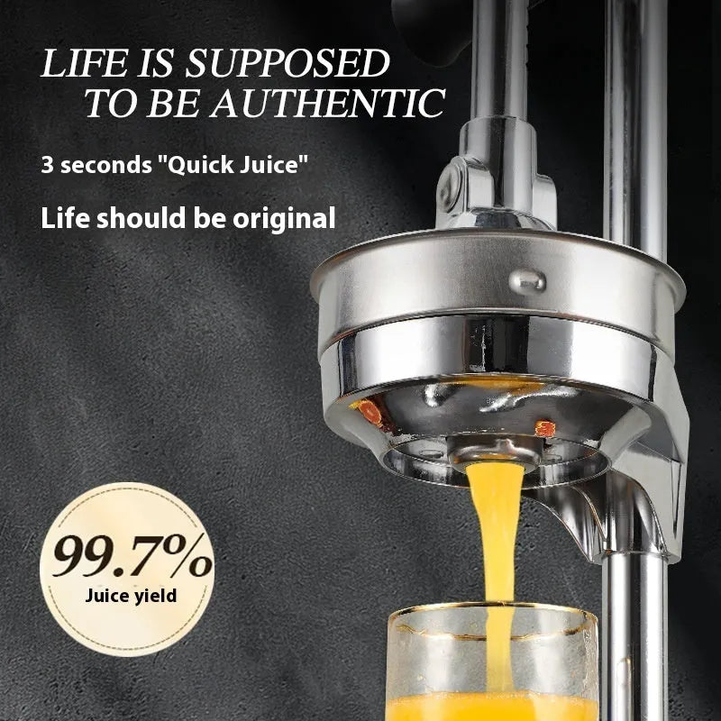 Stainless steel manual vertical juicer on a countertop, showing options for black, silver, orange, white, and electroplated finishes with pointed, flat, and double head tips.