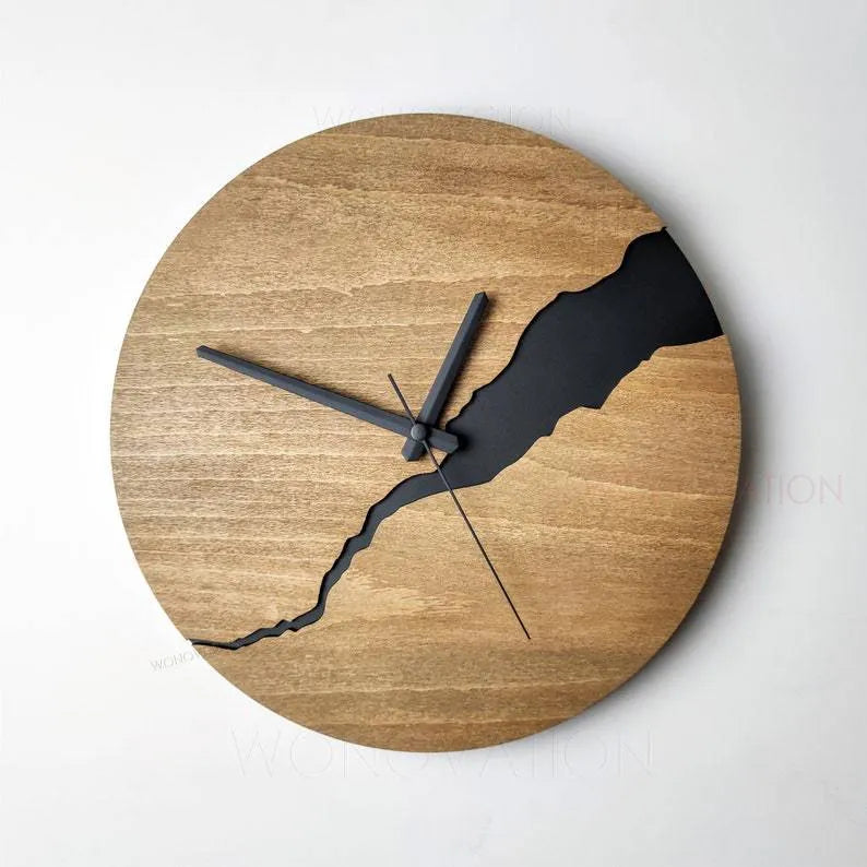Modern wooden wall clock with creative crack design showing silent sweep movement and 30cm diameter