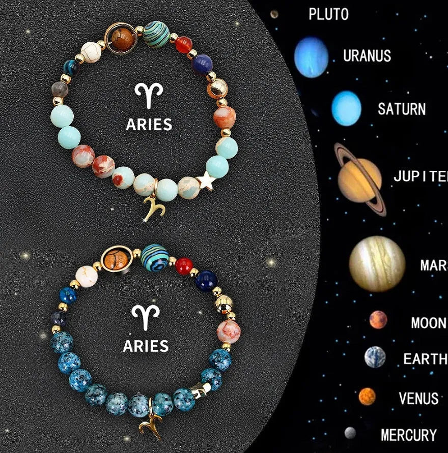 Natural stone bead bracelet set featuring all twelve zodiac signs with two bracelets per style