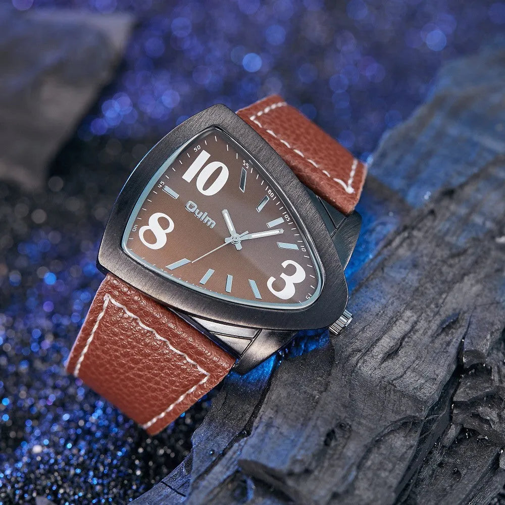 Men's casual watch with a triangular belt, slim case, on wrist showing brown, black, and blue colour variants.