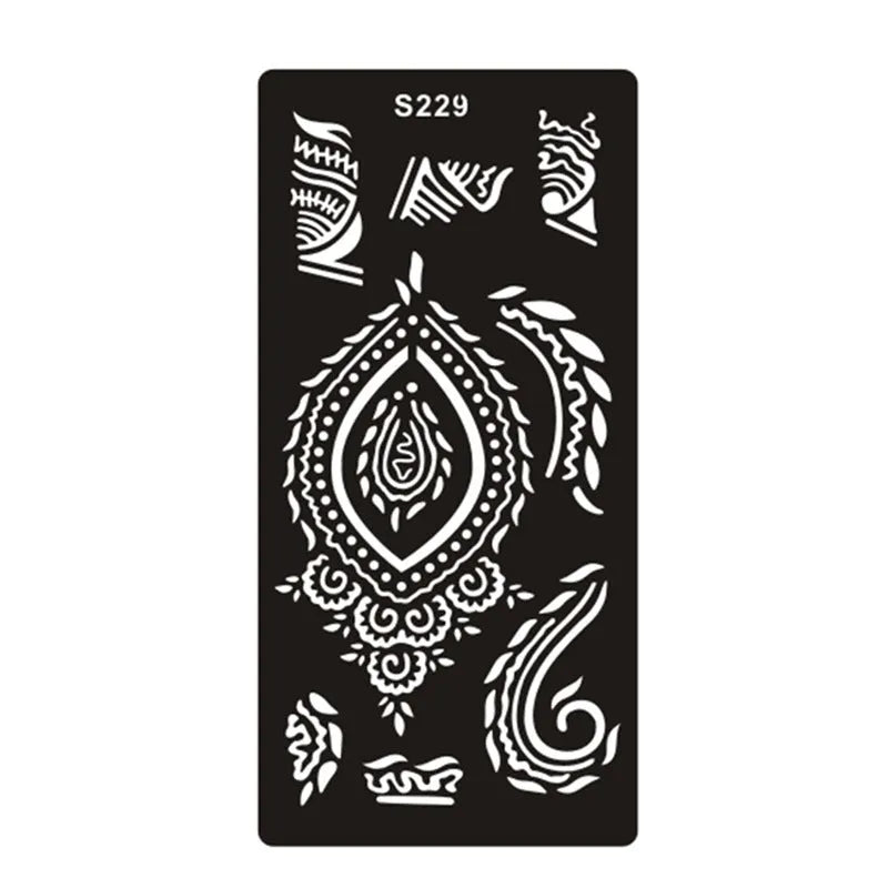Sheet of hollow geometric and Southeast Asian style temporary tattoo templates on water transfer paper.