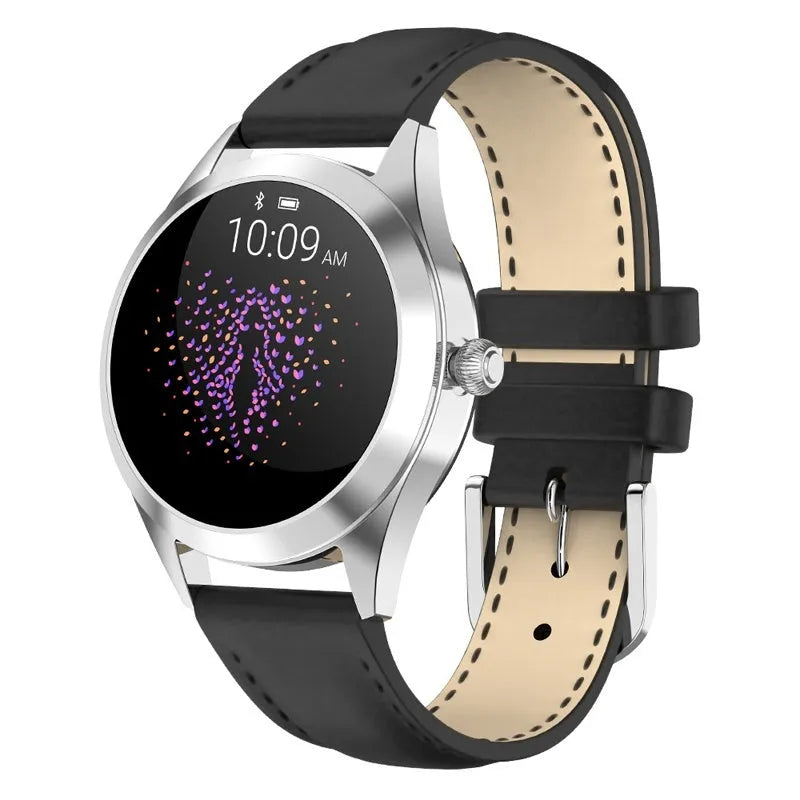 Women's smartwatch in black, rose gold, silver, or white with fitness tracking and phone notifications.