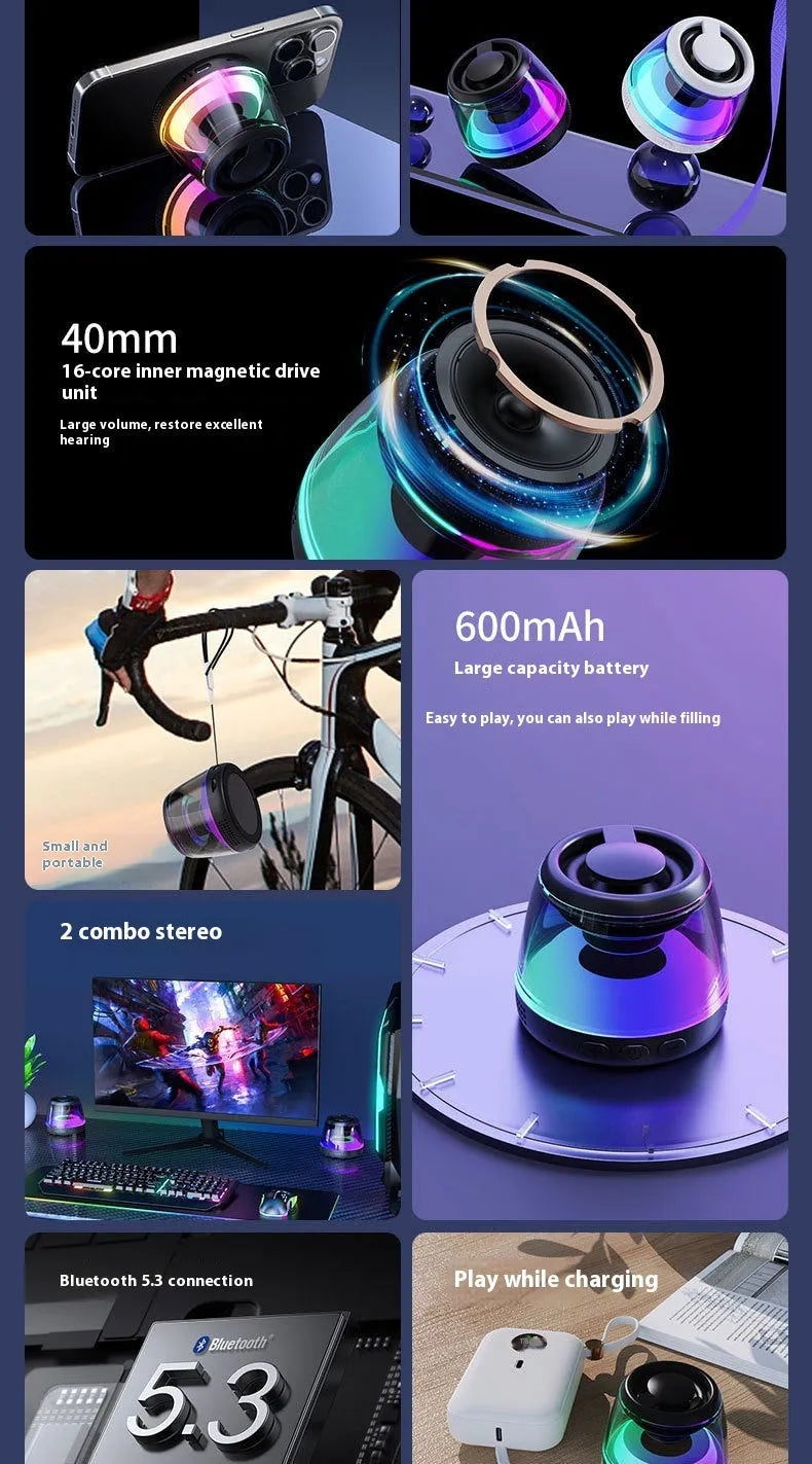 Small black or white portable Bluetooth speaker with a magnetic base and built-in lighting.
