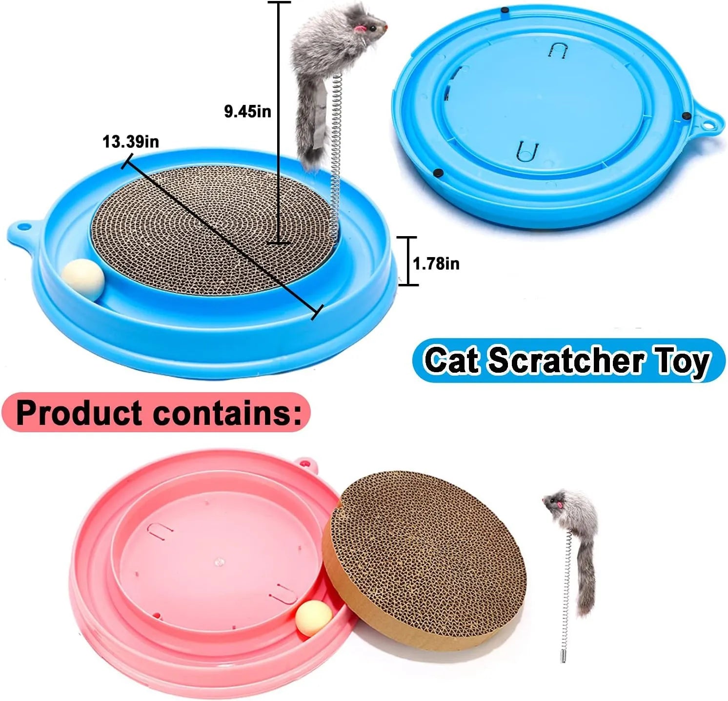 Blue cat scratcher toy with circular ball track and replaceable cardboard scratching surface