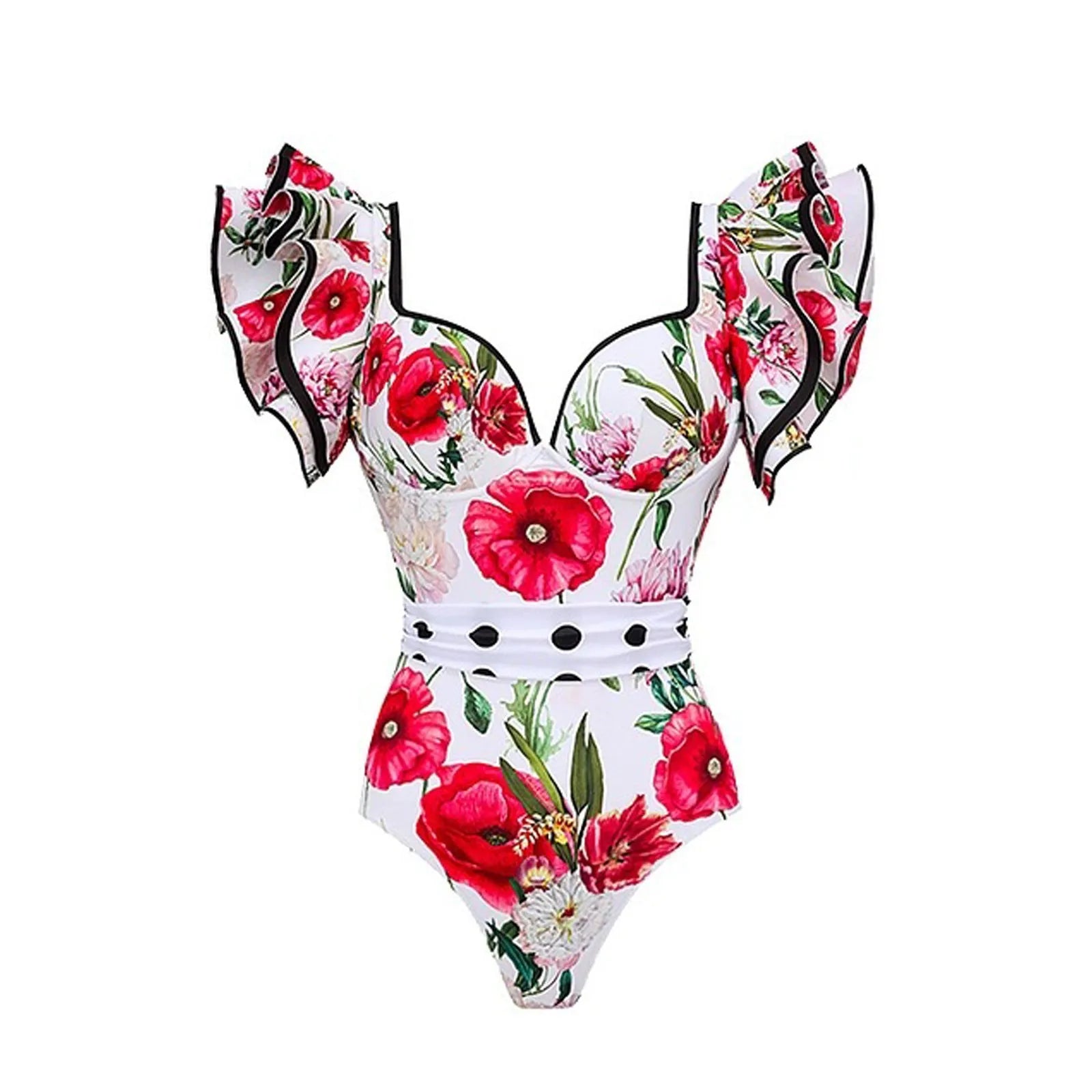 Women's printed one-piece swimsuit with matching cover-up skirt in rose pink.