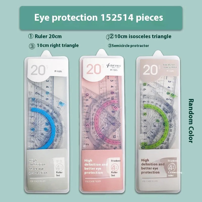 Transparent acrylic drawing ruler set with protractor for technical drafting and geometry