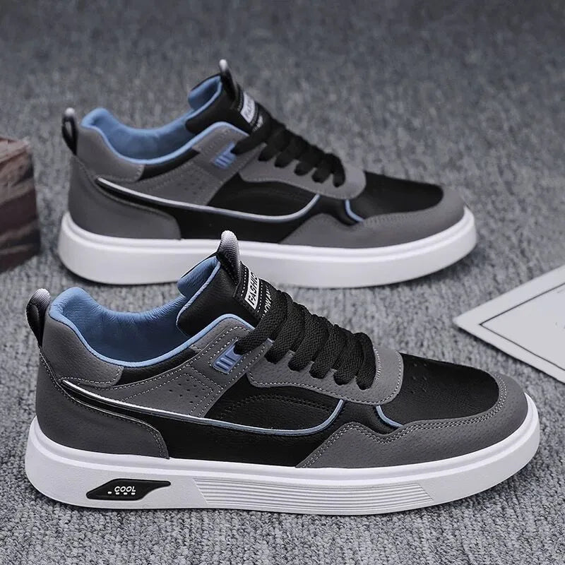 Men's low-top canvas board shoes in black, beige, or gray with mesh lining and round toe
