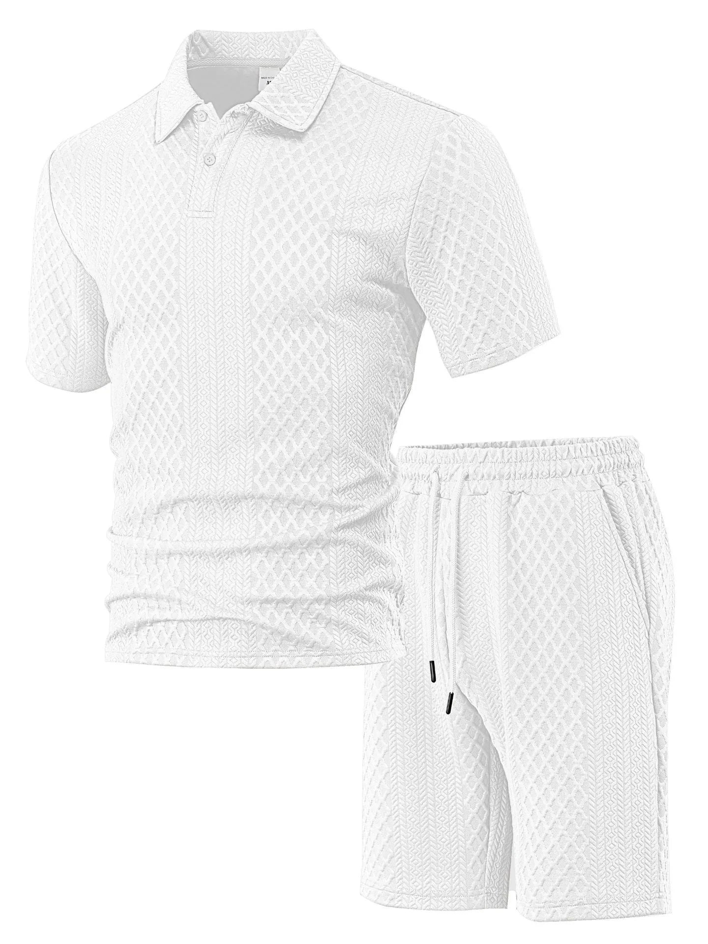 Men's figured cloth short sleeve suit with polo shirt and matching trousers in sports leisure style