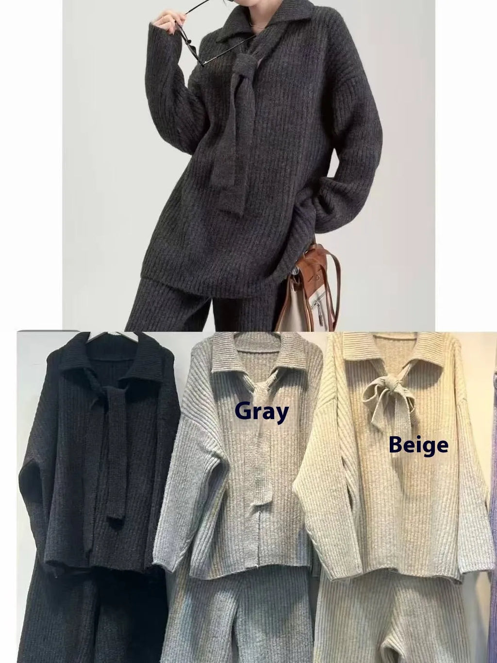 Acrylic fibre knit two-piece set with long sleeves in beige, dark coffee, dark grey or grey