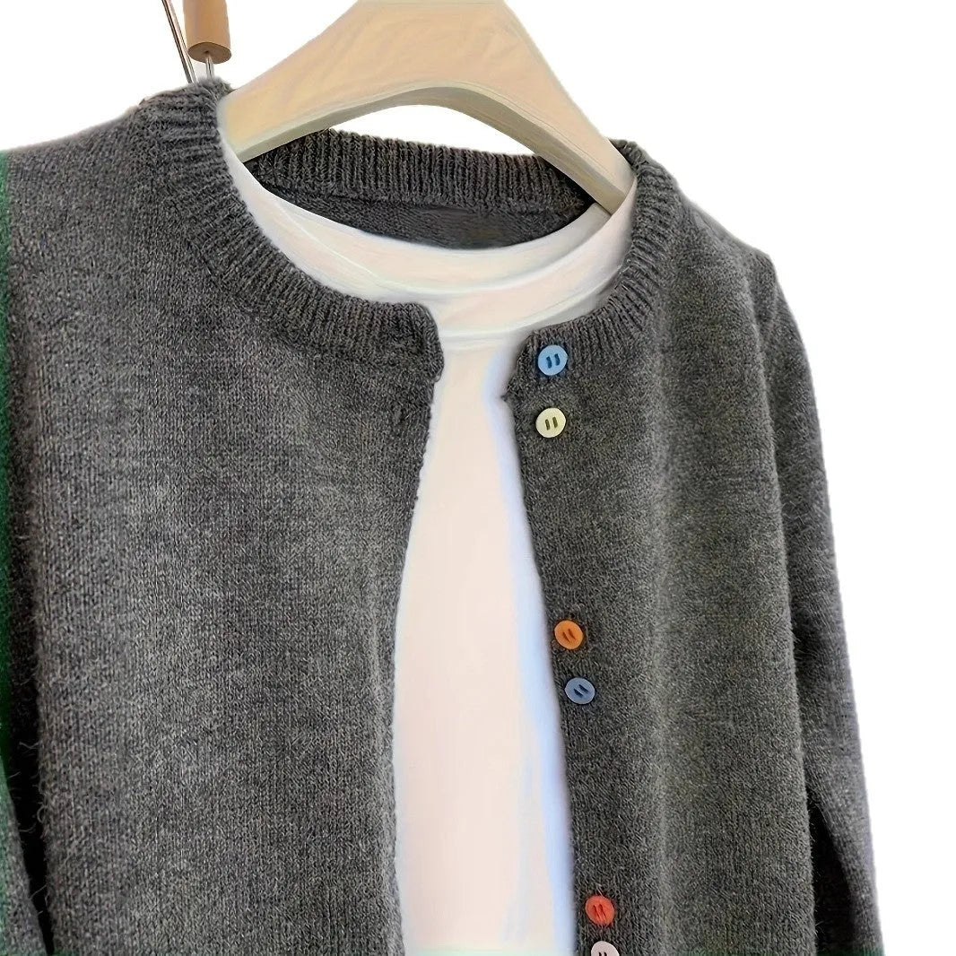 Dark grey women's polyester cardigan with button front and long sleeves