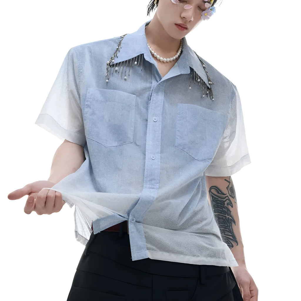 Men's blue and white gradient loose fit short sleeve shirt with quilted detail