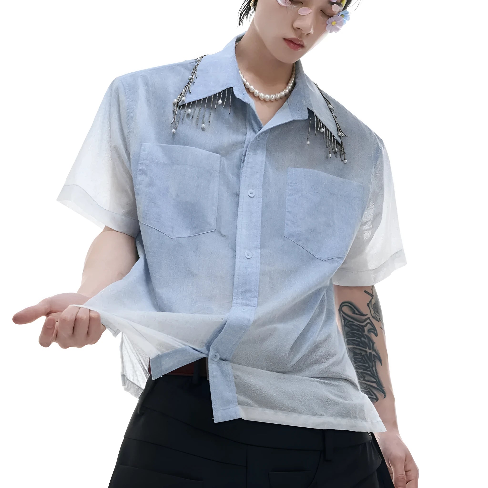 Men's blue and white gradient loose fit short sleeve shirt with quilted detail