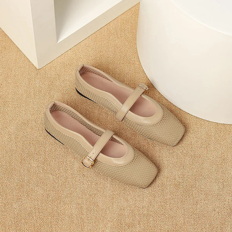 Women's beige mesh hollow out pumps with a square toe and buckle fastening on a flat beef tendon sole.