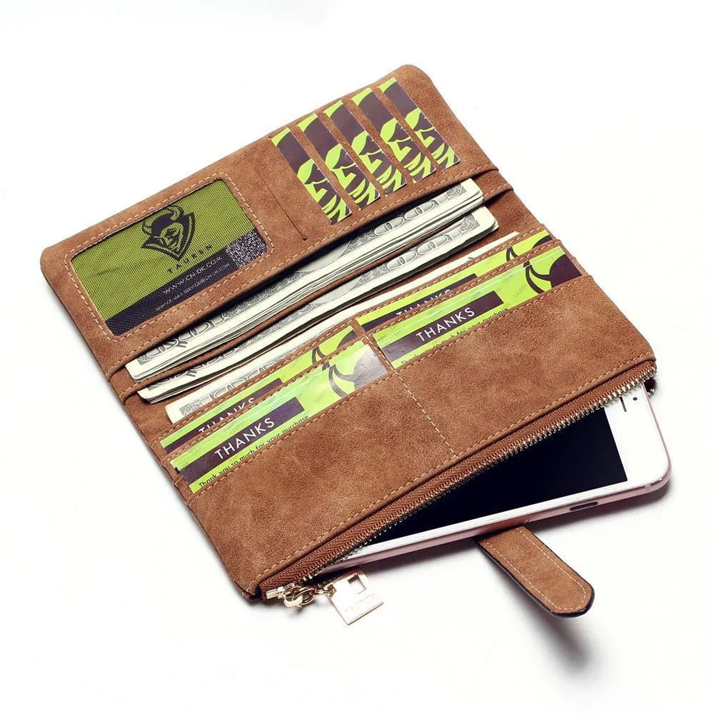 Vertical women's long wallet in retro matte Pu leather with zip closure showing interior card slots and phone pocket