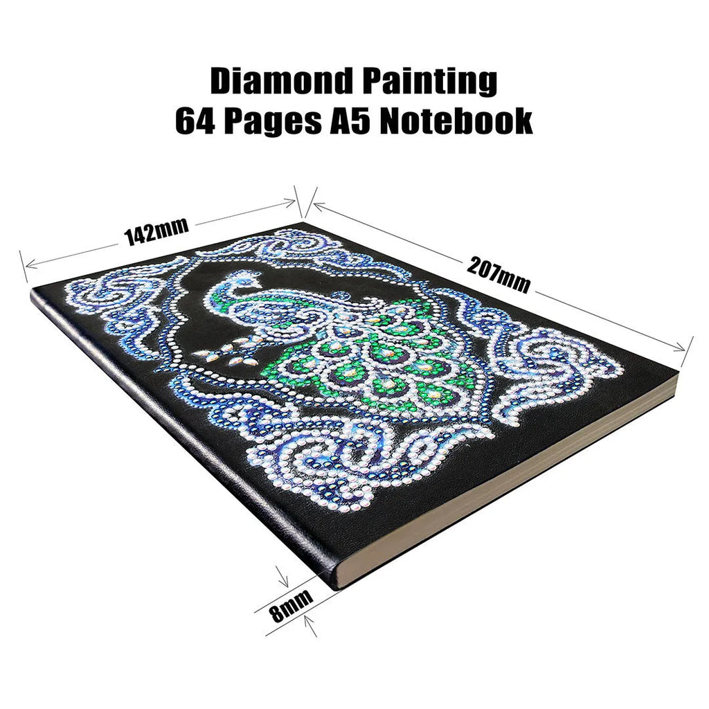 Black A5 diamond painting notebook with peacock design, shaped drills, and OPP packaging