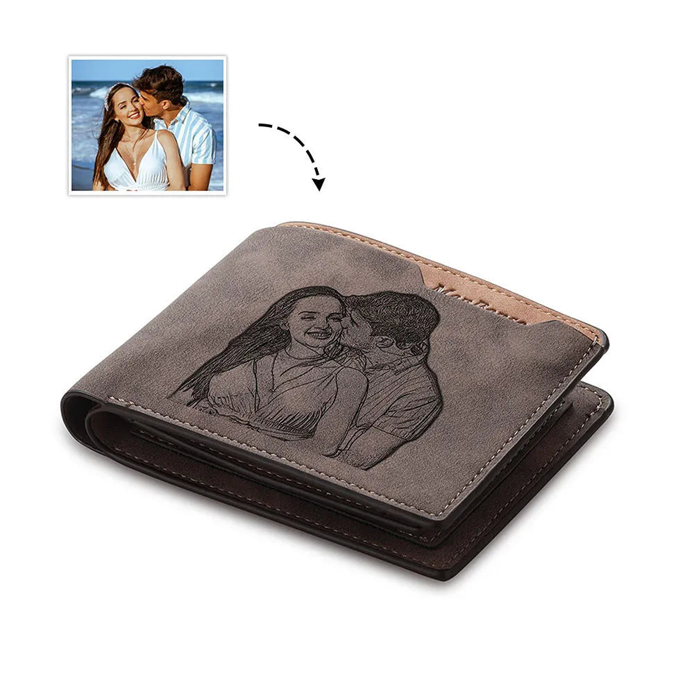Coffee-coloured engraved horizontal short wallet showing 120x99mm dimensions