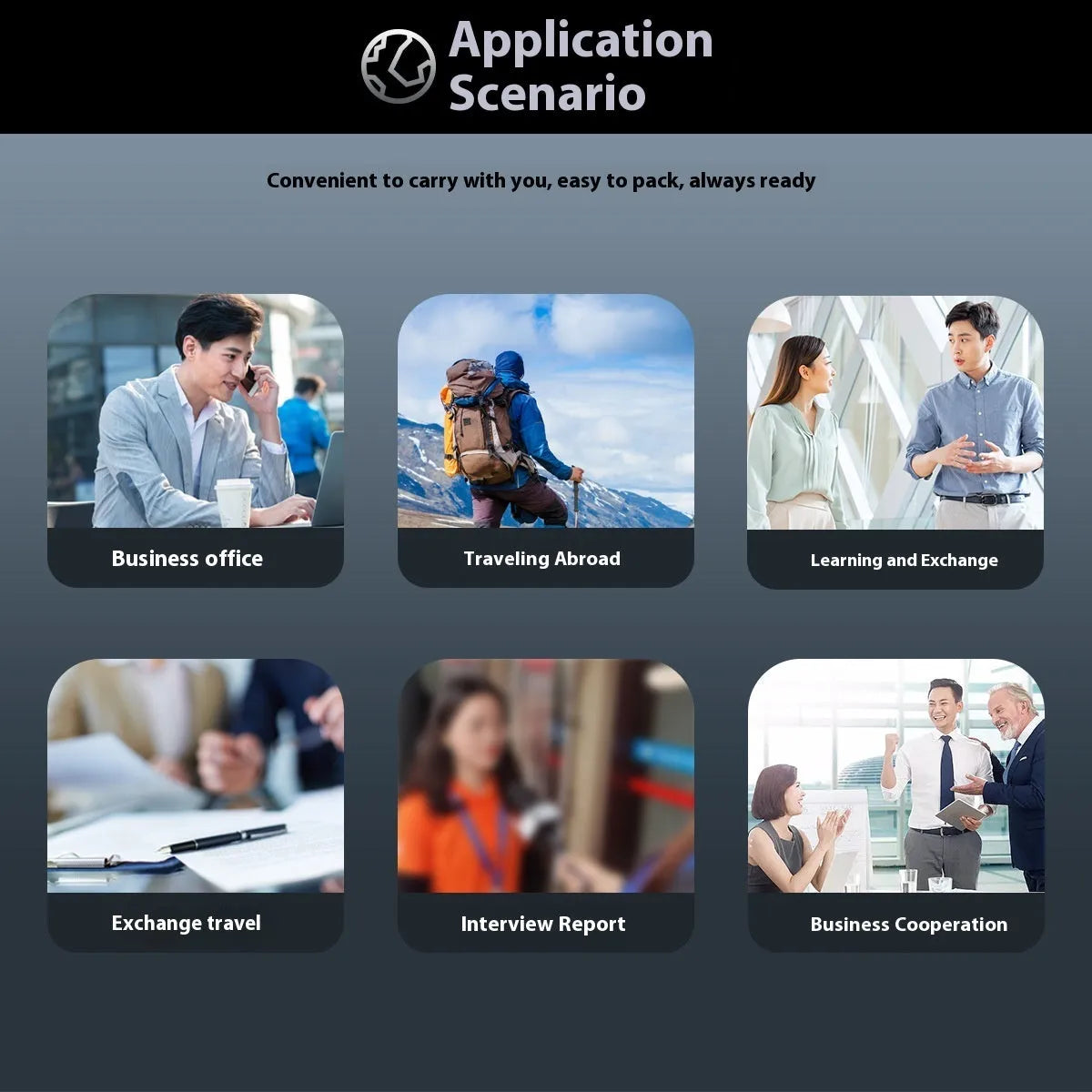 Black two-way simultaneous interpretation translator for business with lanyard and charging cable.