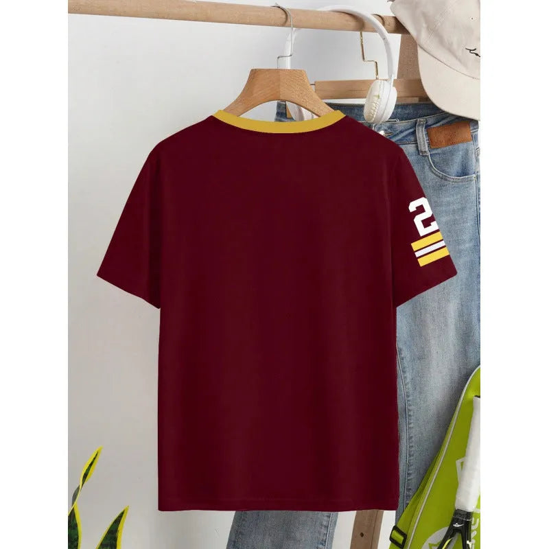 Loose fit cotton t-shirt with digital printed contrasting colour design in red or green options