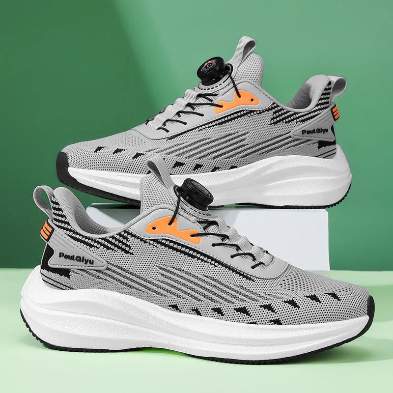 Men's grey rotating buckle Fly-knit mesh sports running shoes with TPU popcorn sole