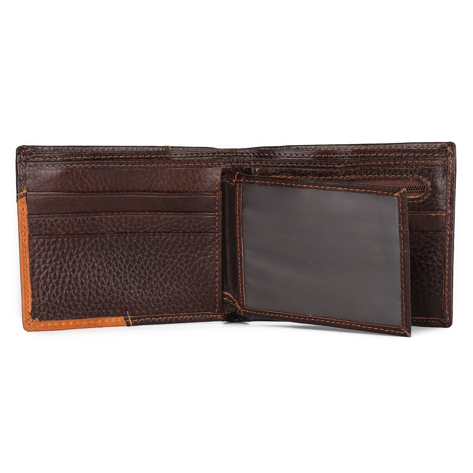 Soft cowhide leather wallet with contrast stitching, open to show card slots, bill holder, and a zipper coin compartment.