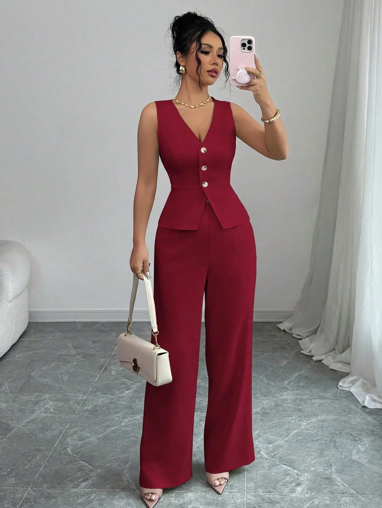 Women's solid colour sleeveless vest and high-waist trousers two-piece set in casual style