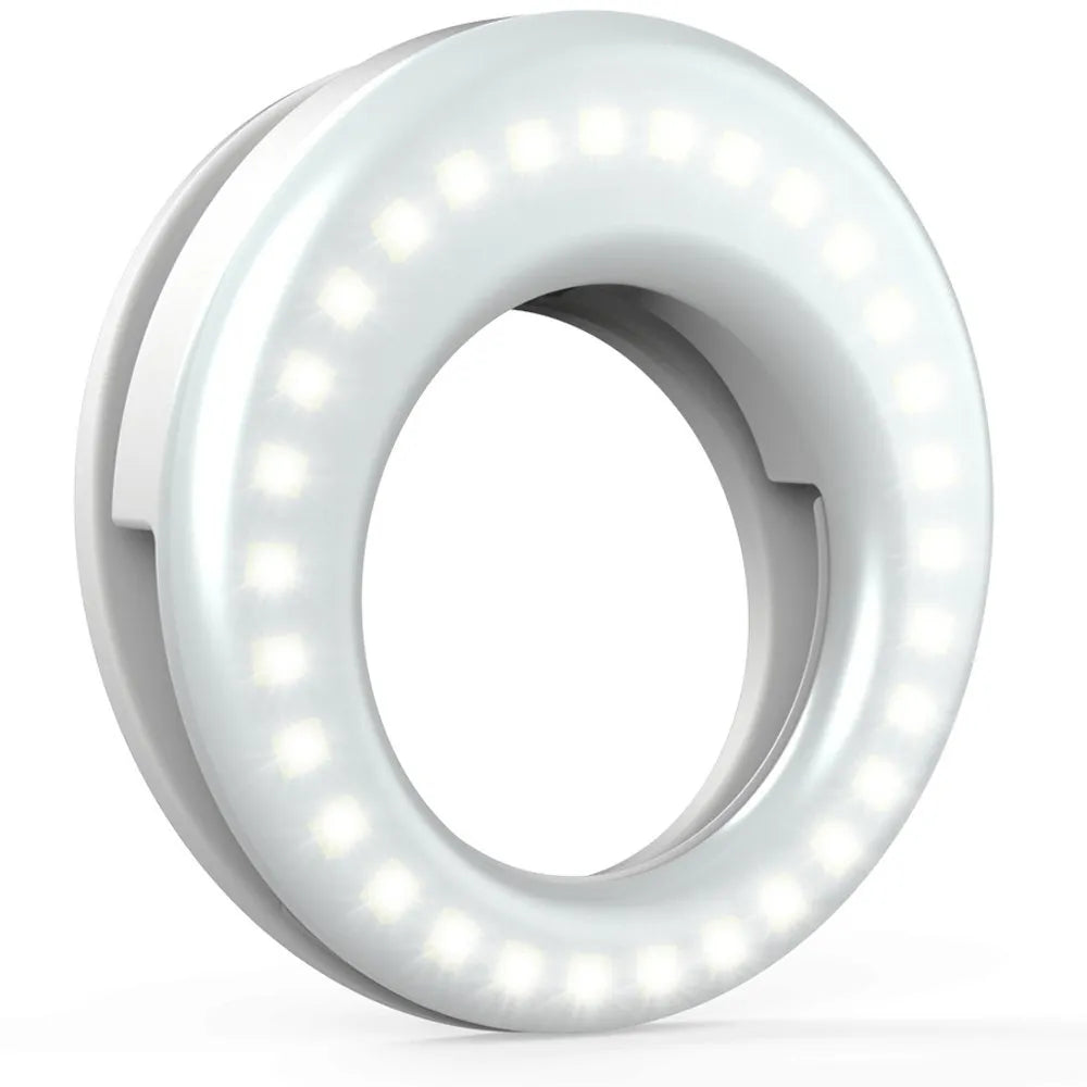 Compact 90mm LED selfie ring light with USB cable available in black pink and white for cell phone photography
