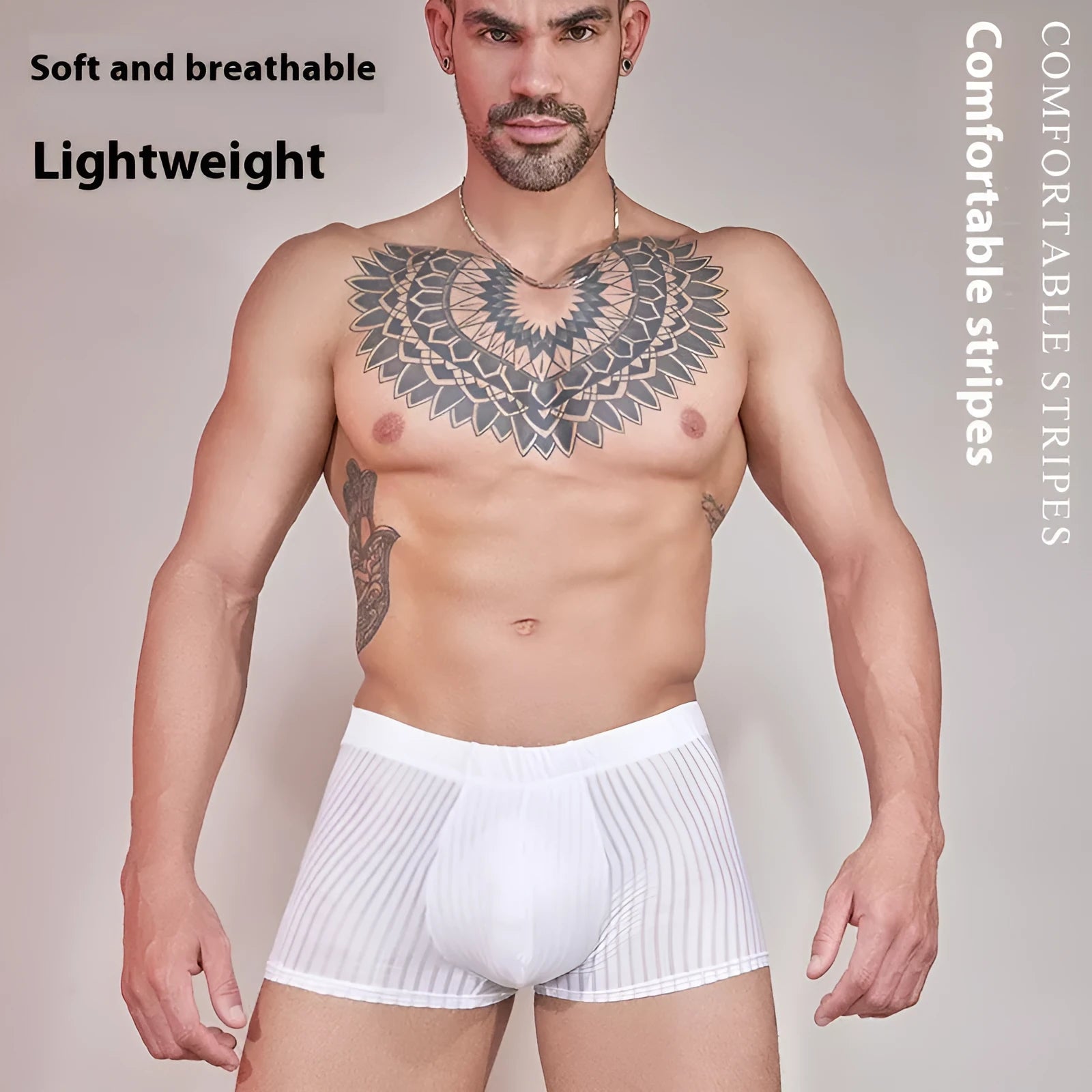 Men's striped nylon underwear in thin transparent fabric, black dark grey white colours