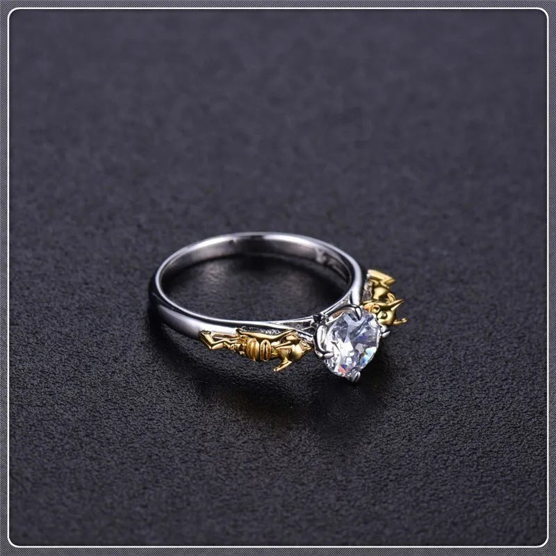 Crystal crown cosplay ring with black gold plating on copper base, showing crown modelling detail.