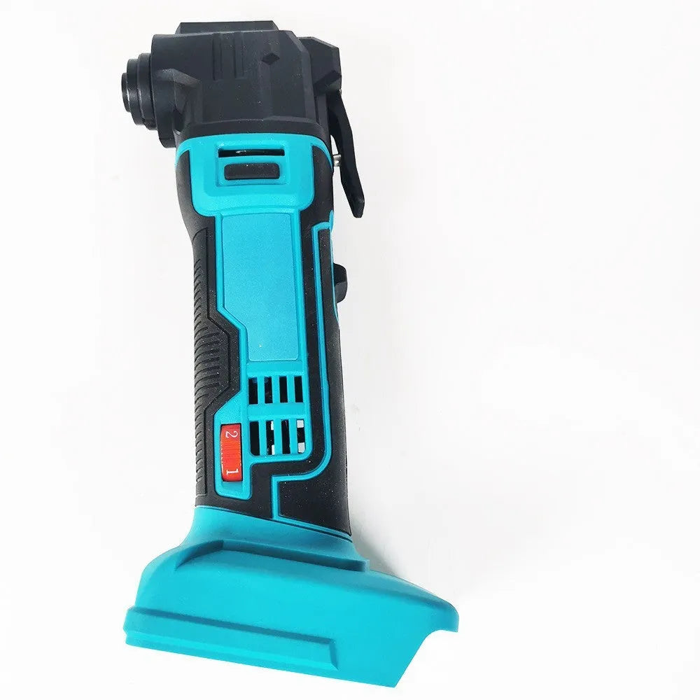 Rechargeable lithium battery trimming machine with metal construction and plastic storage box containing accessories