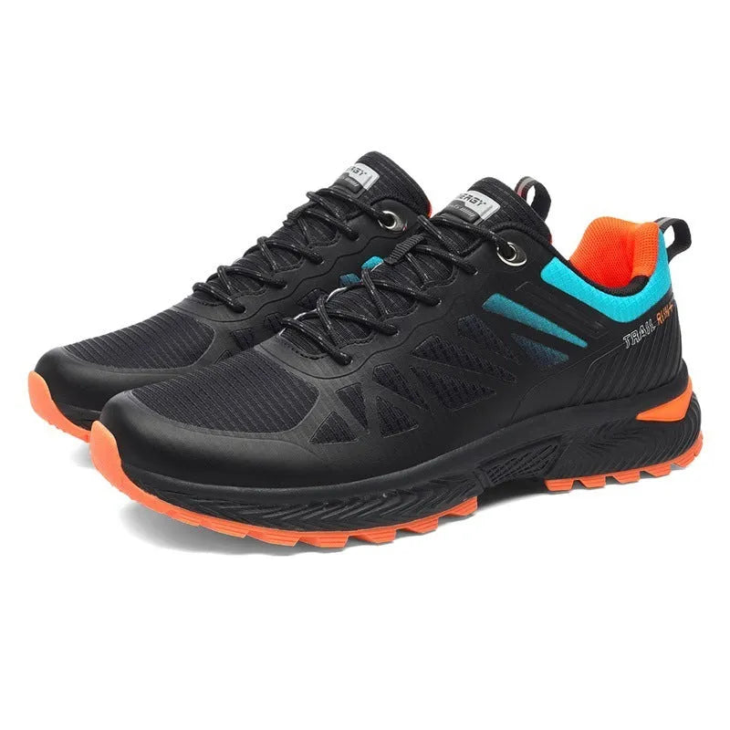 Men's black breathable mesh running shoe with lace-up front and rubber sole.