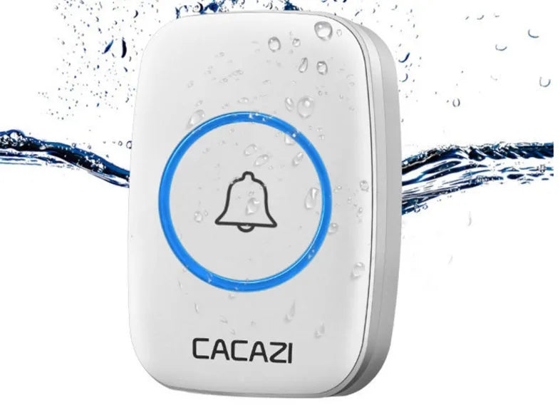 Wireless doorbell kit showing plug-in receiver and battery-powered push-button transmitter in black