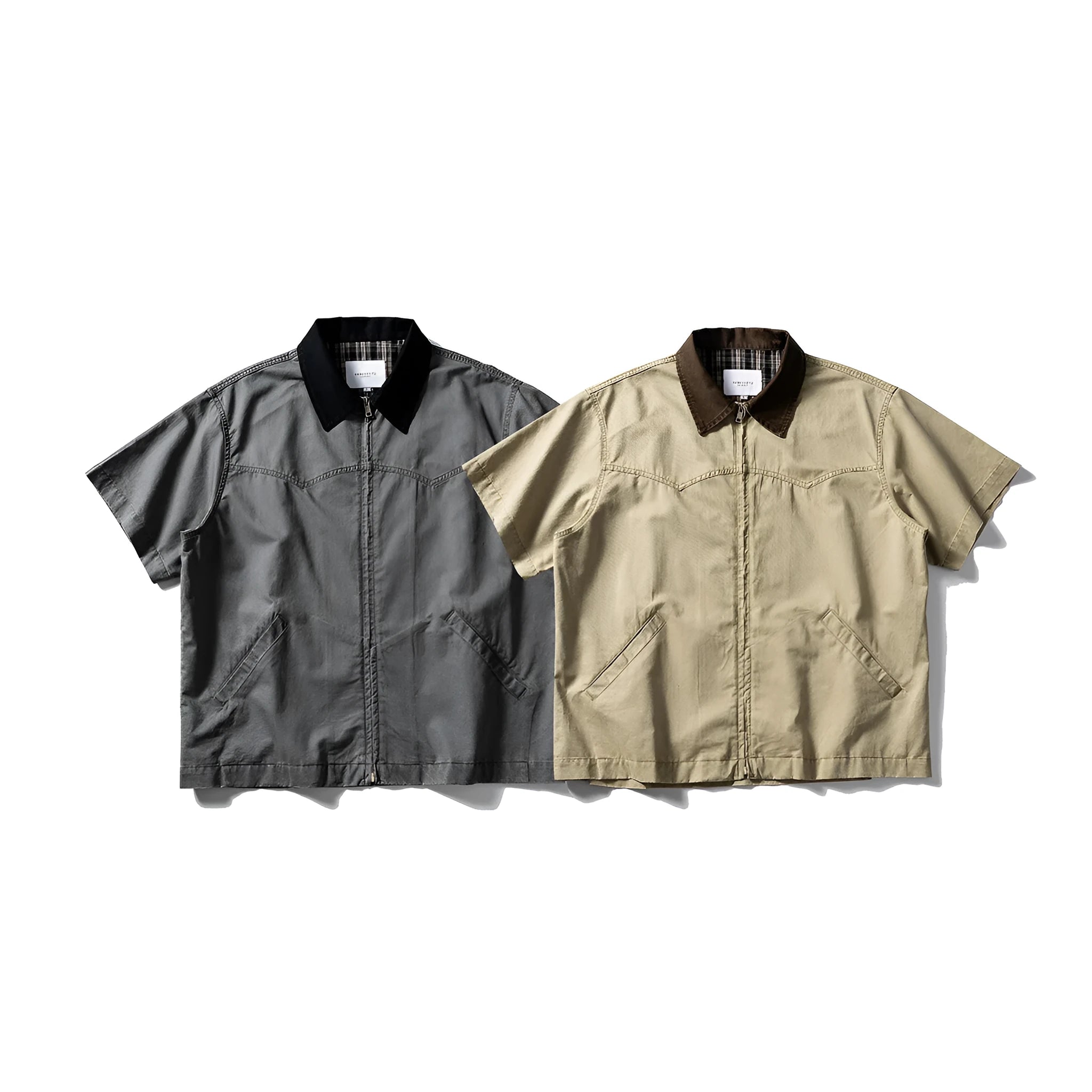 Short sleeve washed overalls shirt in a loose cardigan style, shown in khaki colour.
