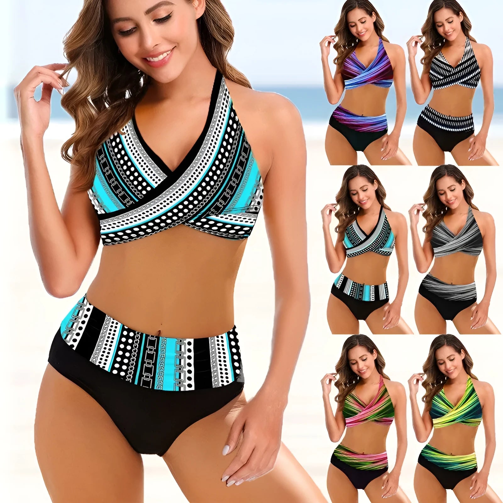 Ladies striped tie-dye bikini with high-waisted briefs and hollow backless design
