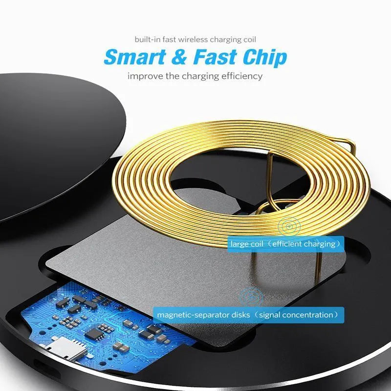 Ultra-thin matte black wireless charging pad with 9V fast charging and 98mm square dimensions