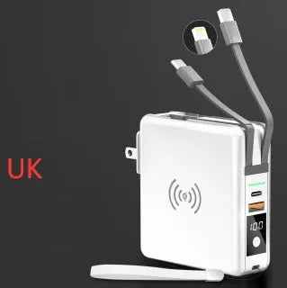 Black and white Super QI wireless charging power bank with integrated plug and international adaptors.