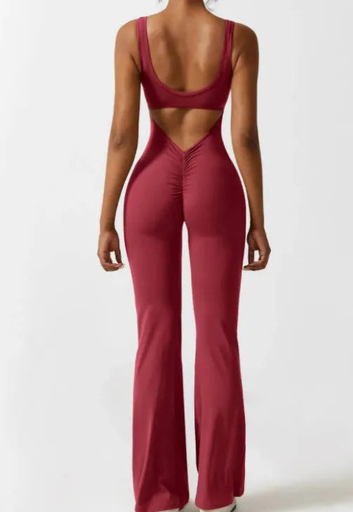 Women's tight yoga bodysuit jumpsuit in milk silk fabric with hollow seams and trousers length