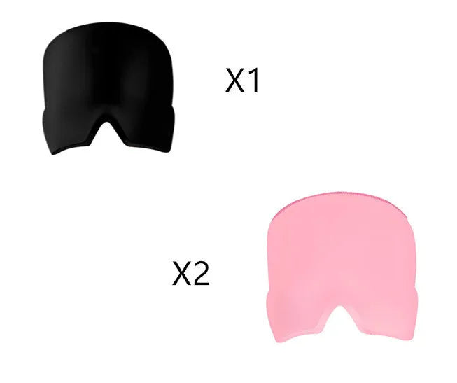 Black adjustable cold compress gel eye mask for headache relief on a plain background.