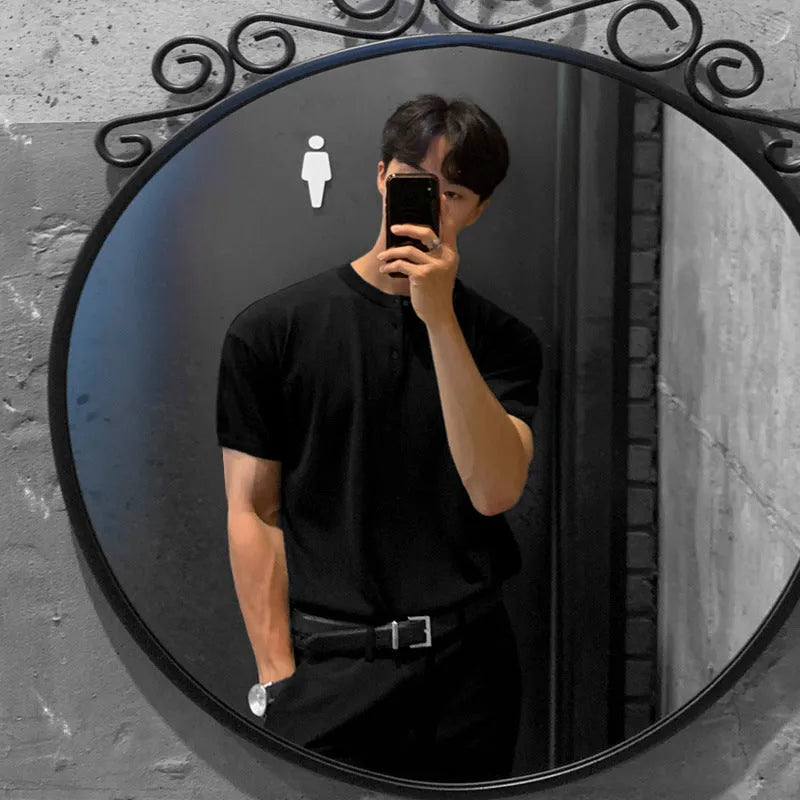 Men's black slim-fit short-sleeved ice silk knitted shirt on a hanger.