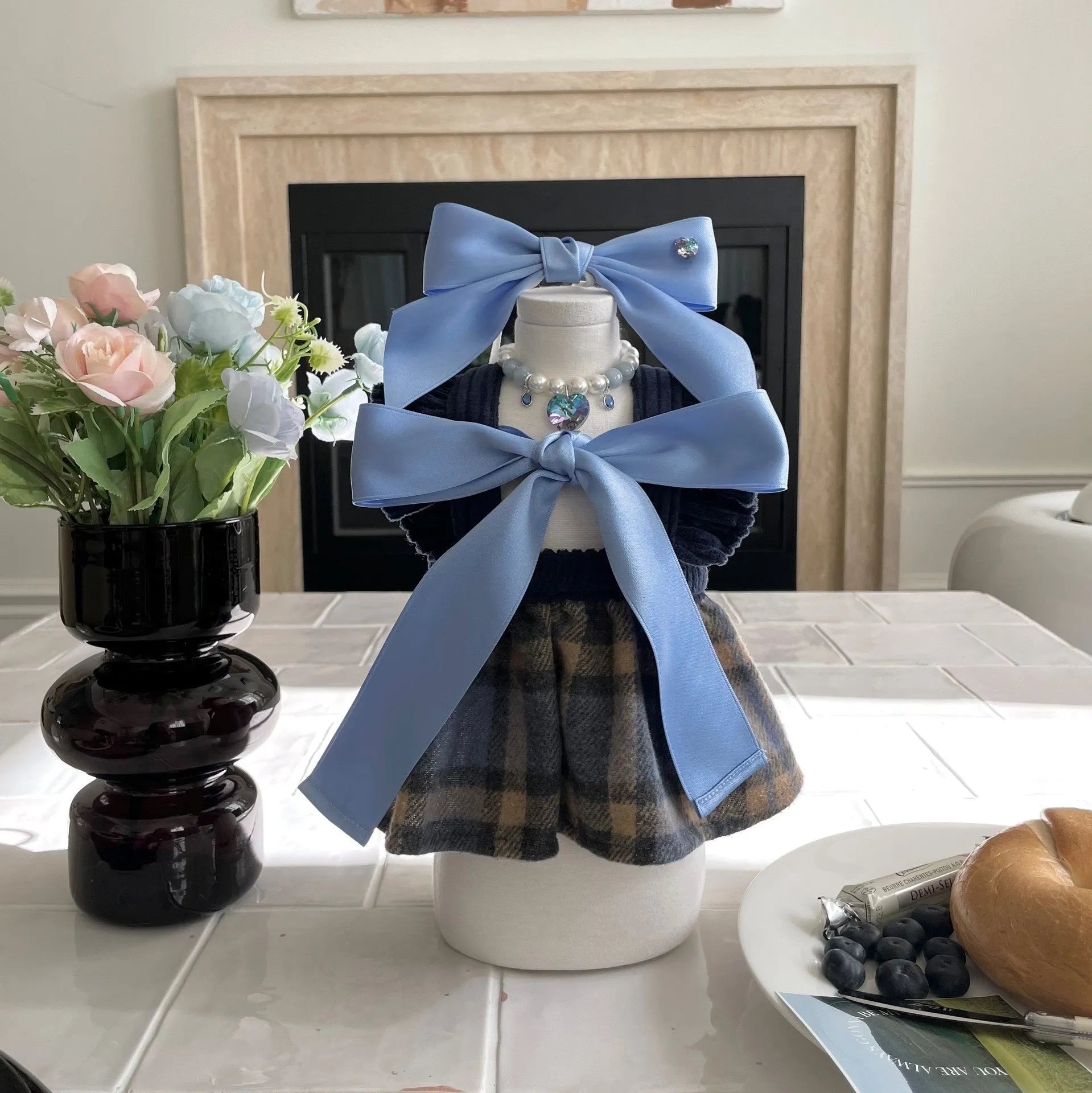 Princess style dog hair band with adjustable bow on jacquard woven polyester cotton ribbon