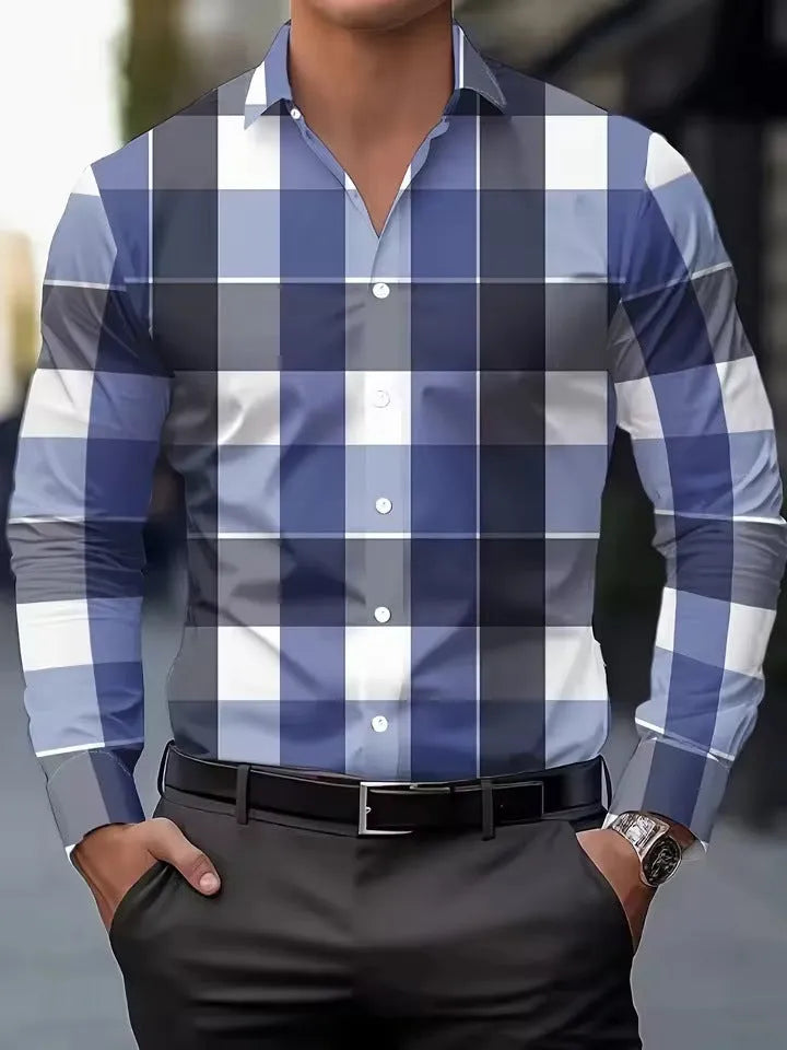 Men's striped printed long sleeve button-up shirt in polyester available in multiple colours and sizes up to 5XL
