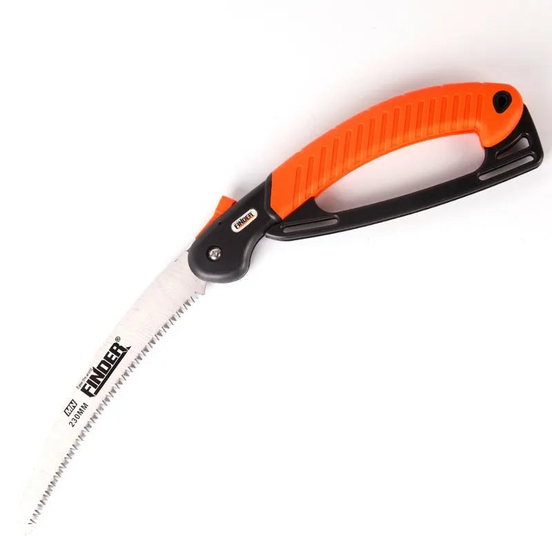 Garden folding saw with extended 230mm blade and TPR grip handle shown alongside folded configuration