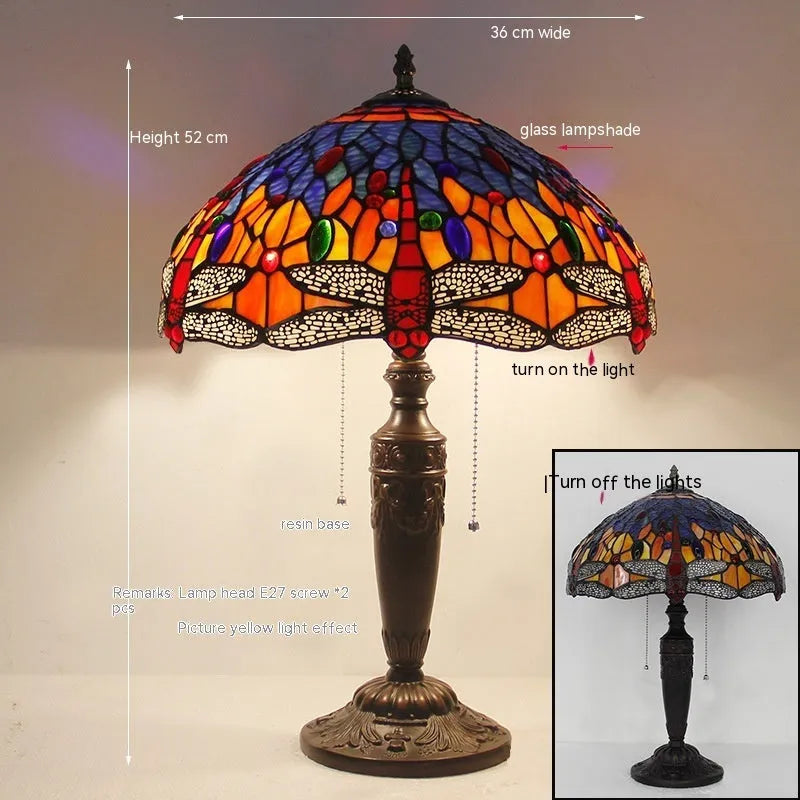 Stone table lamp with Tiffany-style dragonfly design in retro European style