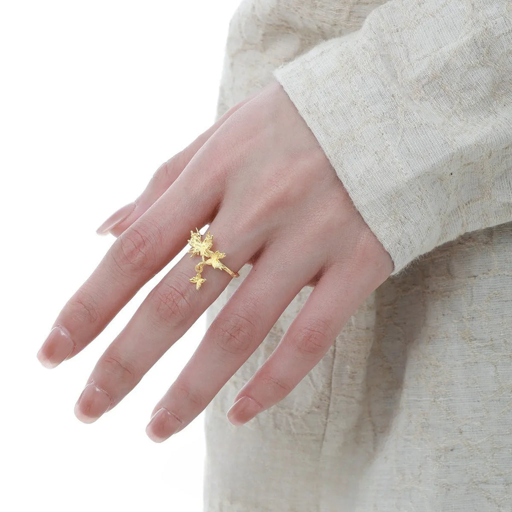 Silver butterfly ring with adjustable opening in white gold or 18K gold colour electroplated finish